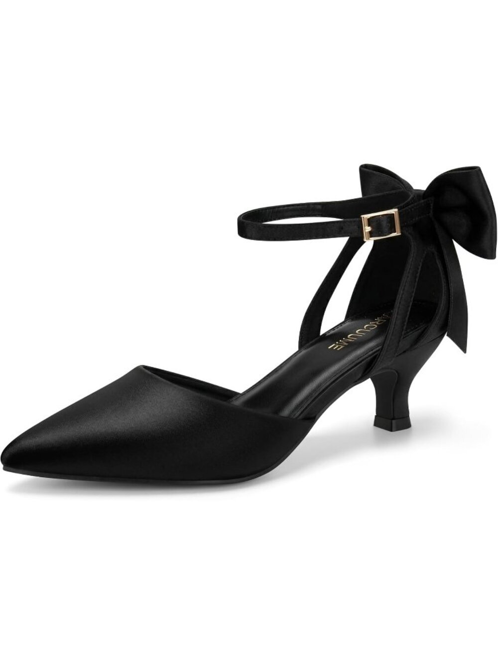 Women's Black Satin Kitten Heels with Bow Closed Toe Ankle Strap Wedding Pump